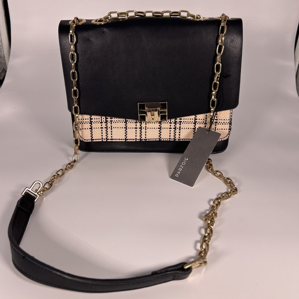 New PARFOIS Crossbody Bag Navy Blue Scottish Plaid Gold Hardware Preppy Classic - Picture 2 of 10